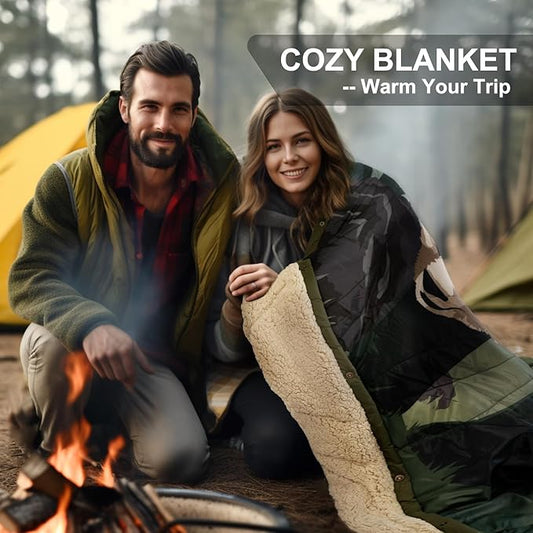 Outdoor Camping Blanket with Sherpa Lining, Extra Warm Thick Camp Blankets & Puffy Ultralight Soft Poncho DWR Camping Quilt for Cold Weather, Adventure,Sleeping,Backpacking 78"x 56"