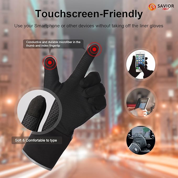SAVIOR HEAT Heated Liners Gloves for Men Women, Electric Rechargeable Battery Thermal Thin Gloves for Winter Skiing Typing Driving Riding Cycling Hiking