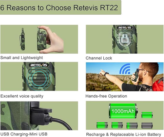 Retevis RT22 Walkie Talkies with Earpiece, Portable FRS Two-Way Radios, Camouflage, Compact, Lightweight, VOX Hands Free, Handheld 2 Way Radio with Headsets(10 Pack)