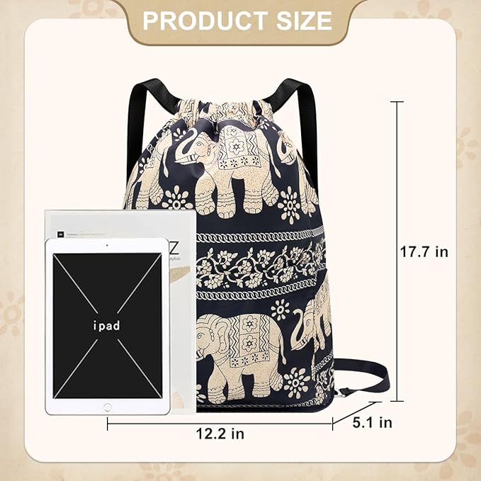 Drawstring Backpack Sports Yoga Sackpack for Women Men Waterproof Nylon Gym Sack DayPack with Multi Pockets (Elephant)