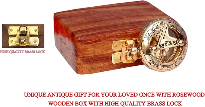 Brass Nautical Compass with Wooden Case - Antique Brass & Copper Sun Clock for Camping, Hiking, Touring - Engraved Gift for Him - Nautical Clock - Compass Gift