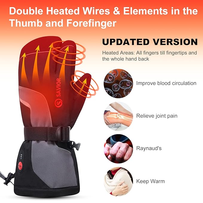 SAVIOR HEAT Heated Mittens Gloves Men Women, Flexible Crab Finger Rechargeable Battery Ski Mitten for Winter Snow Skating Camping Hunting Hiking Motorcycle