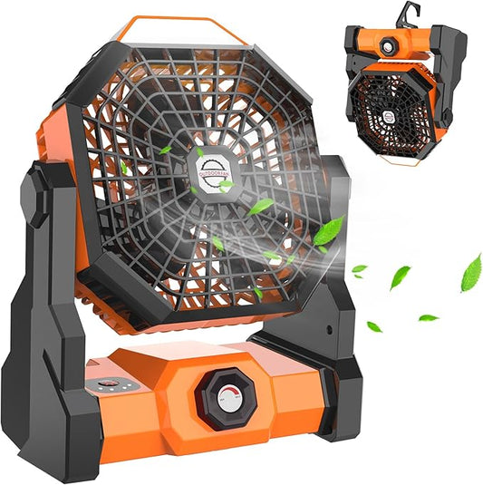Camping Fan Rechargeable, 10400mAh Portable Battery Operated Camping Fan for Tents, Hangable USB Silent Camping Fans with LED Lantern, Suitable for Fishing, Camping, Bedroom, Workplace (Orange)