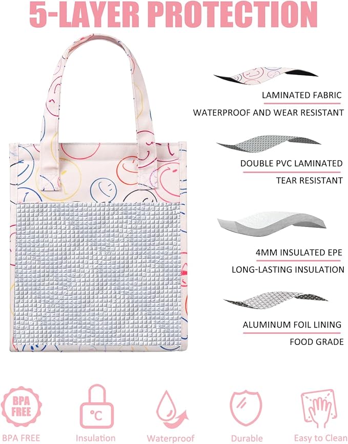 Fmeida Insulated Lunch Bag Women, 6.75L Small Lunch Tote Bags, Waterproof Thermal Cooler Lunch Bag, Reusable Lunch Box with Front Side Interior Pockets, Smile Face