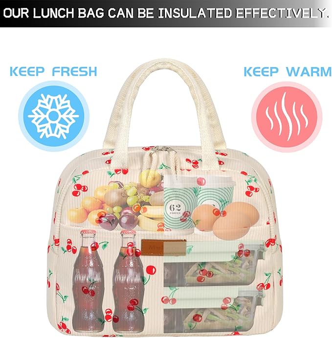 Lunch Bag Women Insulated, Cute Corduroy Tote Bag for Women with Placemat, Large Capacity Reusable Insulated Cooler Lunch Box for Travel Picnic office