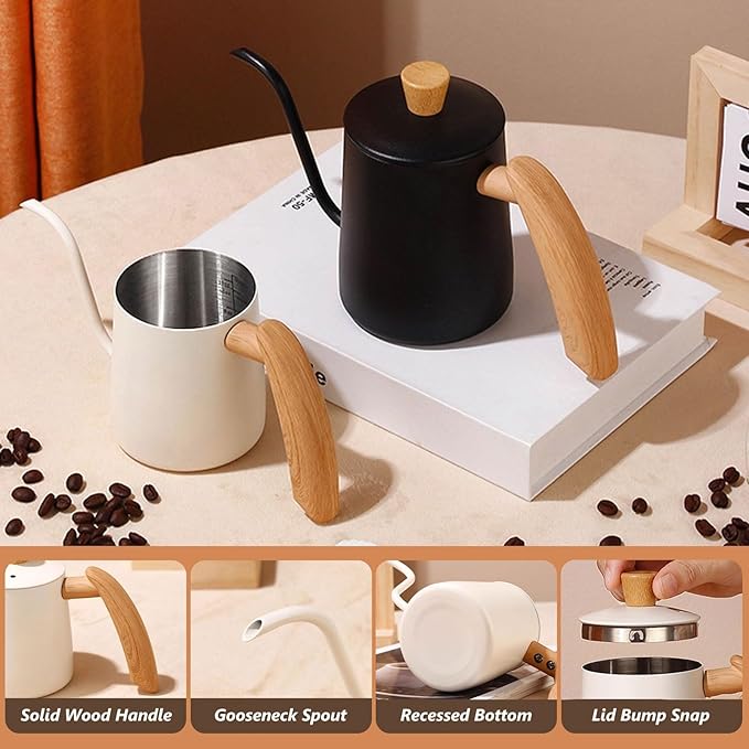 Pour Over Coffee Kettle Gooseneck Tea Pot 304 Stainless Steel Hand Coffee Maker Kettle-Barista Pour Control Design,Wood Handle and Long Narrow Spout Camping Kettle(Color: white,Size:20oz)