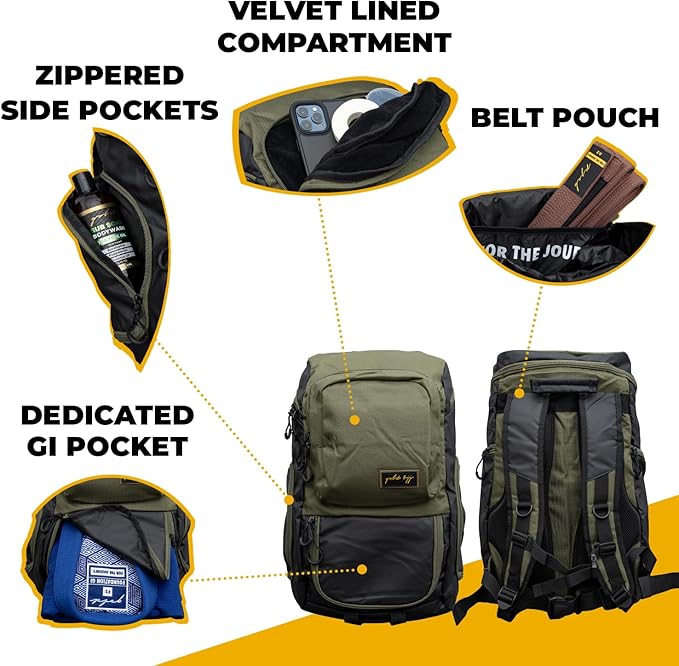 Gold BJJ Jiu Jitsu Backpack - Heavy Duty Gym Bag with Waterproof Gi Pocket
