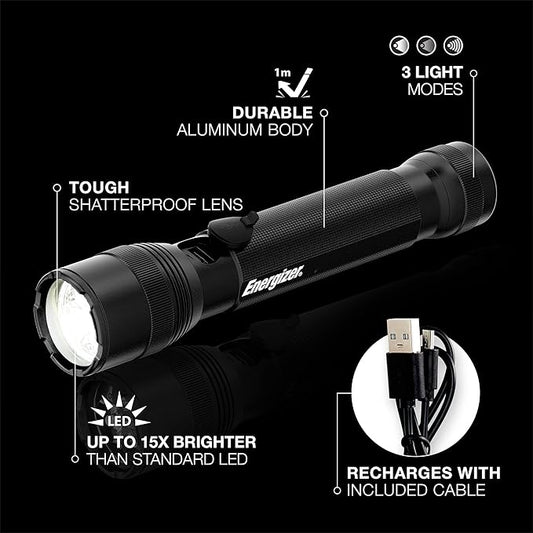 Energizer TacR-1000 LED Tactical Flashlight, Bright Rechargeable Flashlight for Emergencies and Camping Gear, Water Resistant Flashlight, USB Included, Pack of 1, Black