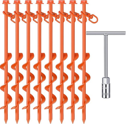 8 Pcs Ground Anchors Screw in, 12 Inch Heavy Duty Tent Stakes with Trampoline Anchor Hook Ground Stakes for Camping Tent Canopies Ports Sheds Swing Sets Securing Animals (Orange)