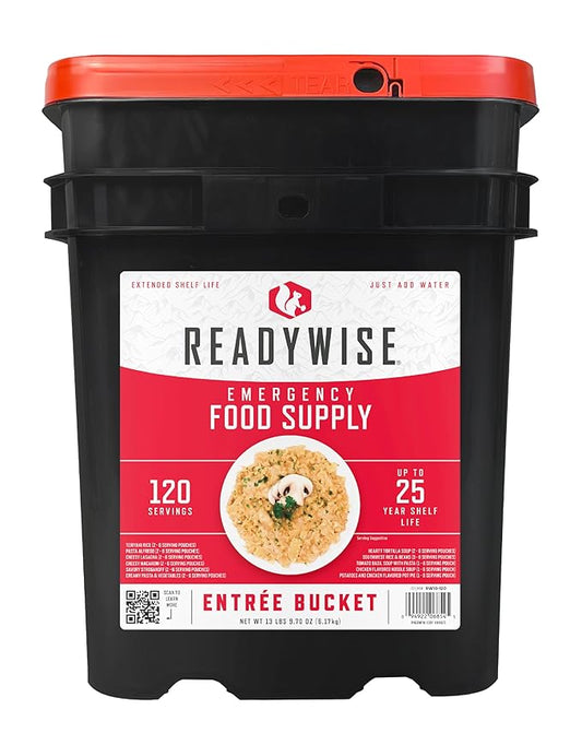 READYWISE - Emergency Food Supply Bucket, 120 Servings, MRE Meal Food Supply, Premade, Freeze Dried Survival Rations for Hiking, Adventure & Camping Essentials, Individually Packaged, 25 Year Shelf Life