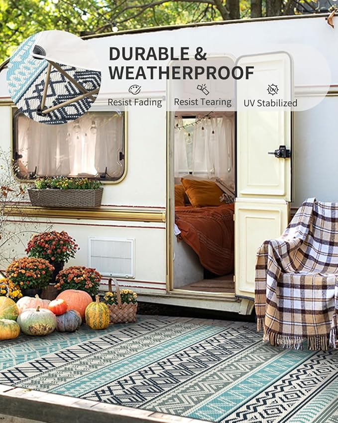 MontVoo Outdoor Rug Carpet Waterproof-Patio Rug Mat 5x8 Reversible RV Camping Rug Picnic Mat Plastic Straw Outside Rug for Balcony Porch Deck Beach-Boho Outdoor Area Rug for Patio Decor Colorful