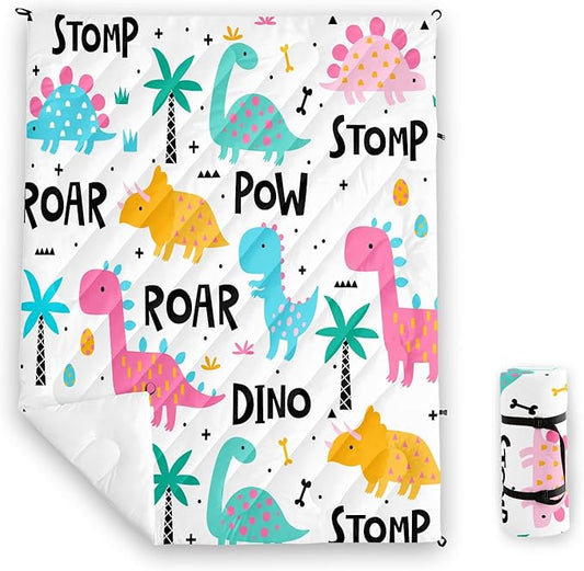 Axolotl Colorful Dinosaur Camping Blanket,Plam Trees Dino Eggs Packable Outdoor Blanket,Wild Animal Theme Lightweight Puffy Camping Blanket,Roar Dino Travel Blanket for Traveling Picnic Cold Weather