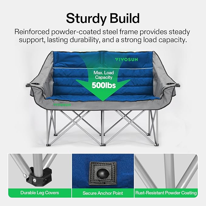VIVOSUN Double Camping Chair, Fully Padded Folding Loveseat, Oversized Duo Chair with Cup & Wine Glass Holders, Pocket, Armrests & Carry Bag
