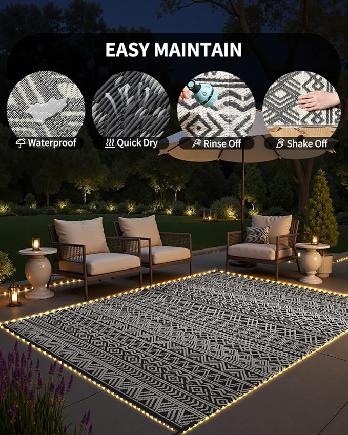MontVoo-Outdoor Rug Carpet 6x9 ft for Patio RV Camping with Led Strip Lights Waterproof Plastic Straw Rug Reversible Portable Outside Indoor Outdoor Rug Mat for Patio Decor Balcony Picnic-Boho