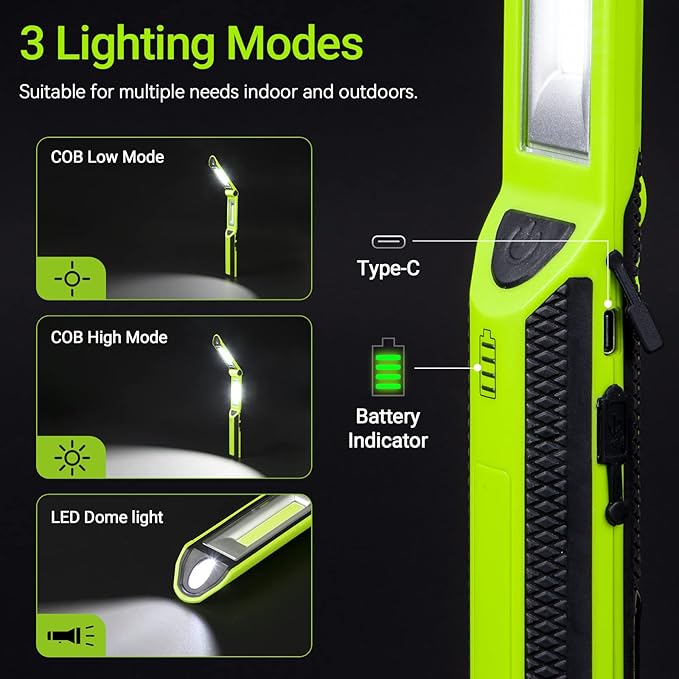 ropelux Work Light, Rechargeable LED Work Light 1500 Lumens, Portable Flashlight 180° Rotate 3 Modes, with 3 Magnetic Base and Hook Mechanic Light, for Car Repairing/Under Hood/Emergency