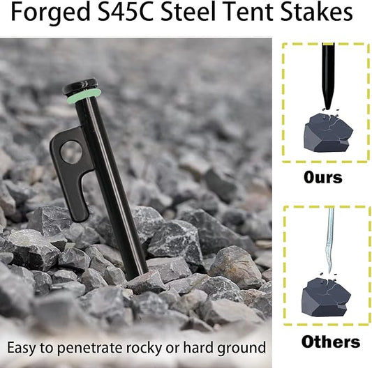 Tent Stakes, 8Pcs 10in Heavy Duty Forged Steel Tent Stakes +Storage Pouch, Metal Tent Stakes, Metal Stakes for Tent Used on Rocks, Grassland, Dessert, Stormy Weather（8Pcs 10in Tent Stakes）