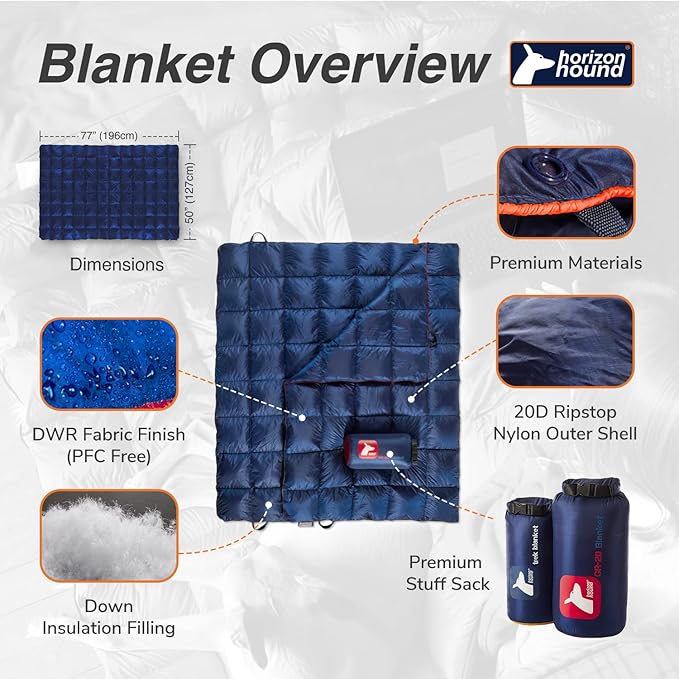 Horizon Hound Down Camping Blanket - Outdoor Travel Blanket | Sustainable Insulated Down | Lightweight & Warm Quilt for Camping, Stadium, Hiking & Festival | Water Resistant, Packable & Compact