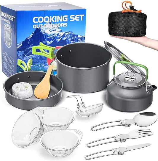 aiGear Camping Cookware Mess Kit, Non-Stick Camping Pan Pot Kettle, Lightweight Aluminum Camping Utensils, Collapsible Portable Camping Cooking Set for Outdoor Cooking Hiking Picnic