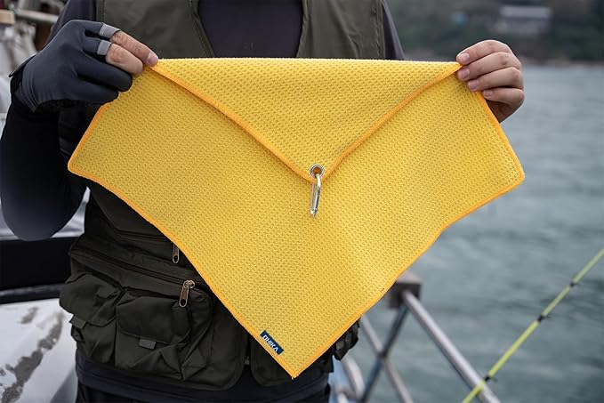 Microfiber Fishing Towels with Clip, Waffle Pattern for Effective Cleaning of Fishing Gears or Dirty Hands, 16” x 16”, Camping Towels, Hiking Towels, Pack of 3 (Yellow)
