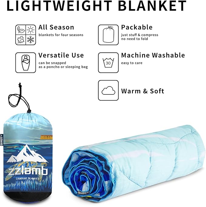 zzlamb Camping Blanket, Lightweight Cloak Puffy Down Alternative Travel Blanket, Portable & Windproof Warm Outdoor Blanket, Cozy Quilt Plane Car Picnic Hammock Beach Backpacking, 52x75in