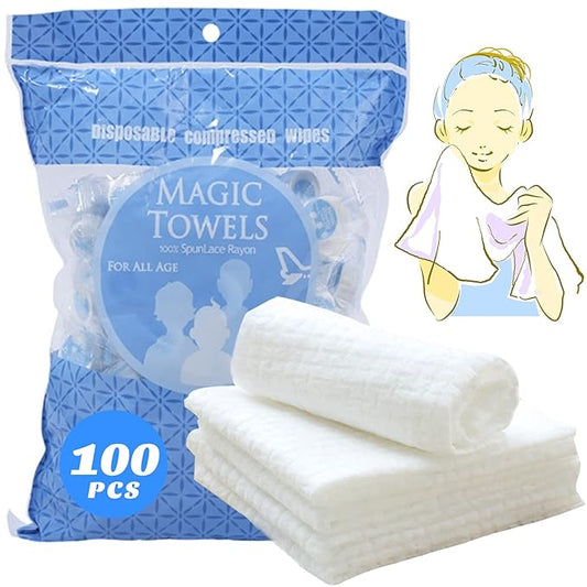 Disposable Face Towel, Compressed Towel, Mini Magic Coin Towels 100 Count Travel Disposable Napkins Tissues Portable for Travel Camping (100 Pack (Individually Packaged))