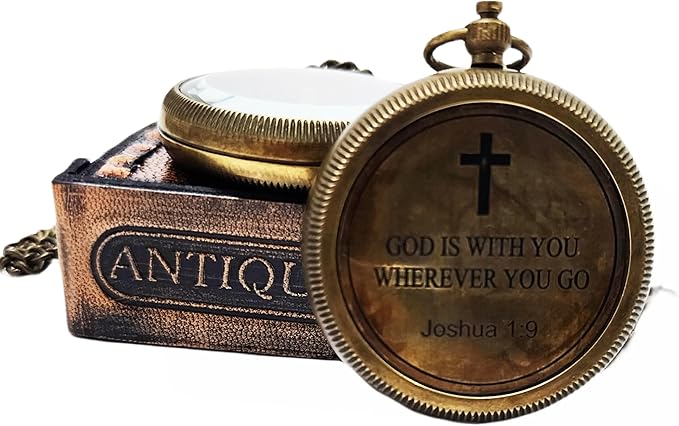 Brass Compass Unique Print 'GOD is with Yout' Engraved Compass with Leather Case and Chain A Great Gift Item for Your Loved Ones