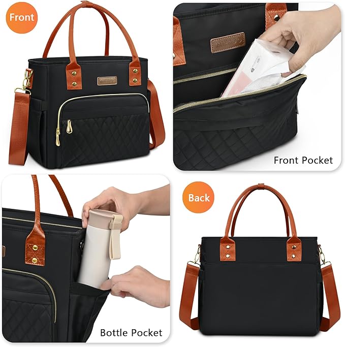 Lunch Bag Lunch Box Women - Leakproof Insulated Lunch Cooler Bag for Women - Large Lunch Tote Bags Adults, Black Orange