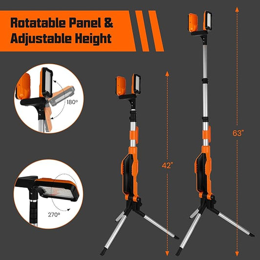 Rechargeable Cordless LED Work Light with Stand 8000 Lumen Portable LED Portable Job Site Lighting Dimmable Led Work Light for Indoor/Outdoor Lighting（Orange）