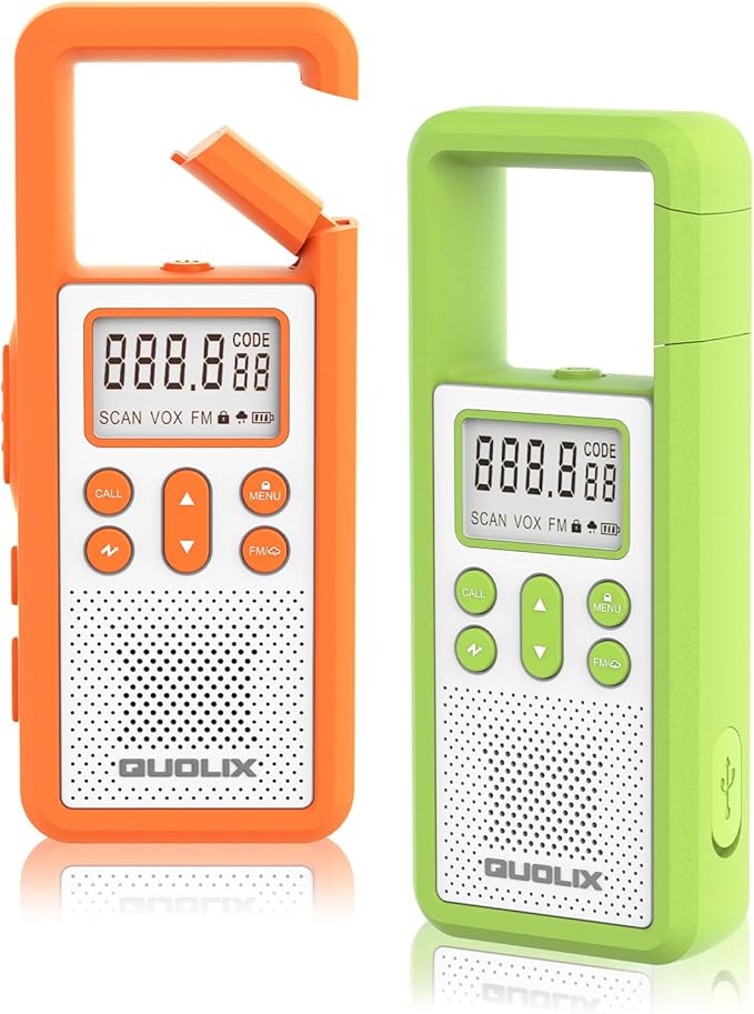 Rechargeable Walkie Talkie for Long Range 2 Pack,with FM/NOAA, Weather Alert, LED Flashlight,SOS Siren,Volume Adjustment, Ldeal for Survival Biking Hiking Camping (Orange Green)