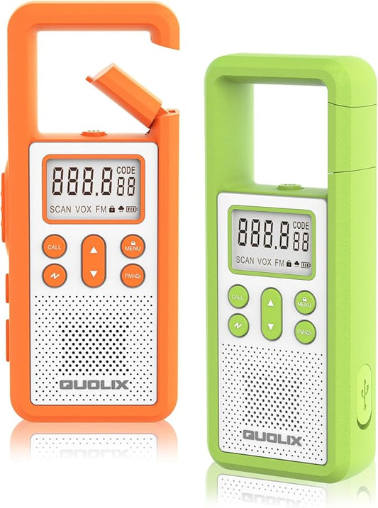 Rechargeable Walkie Talkie for Long Range 2 Pack,with FM/NOAA, Weather Alert, LED Flashlight,SOS Siren,Volume Adjustment, Ldeal for Survival Biking Hiking Camping (Orange Green)