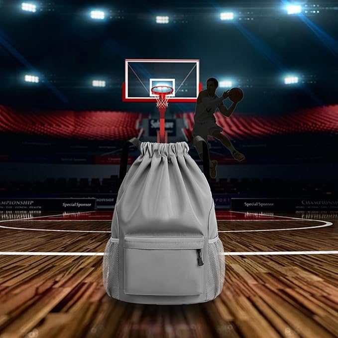 Sports Drawstring Backpack String Swimming Gym Bag Backpack with Shoes Compartment and Pocket for Men Women (grey)