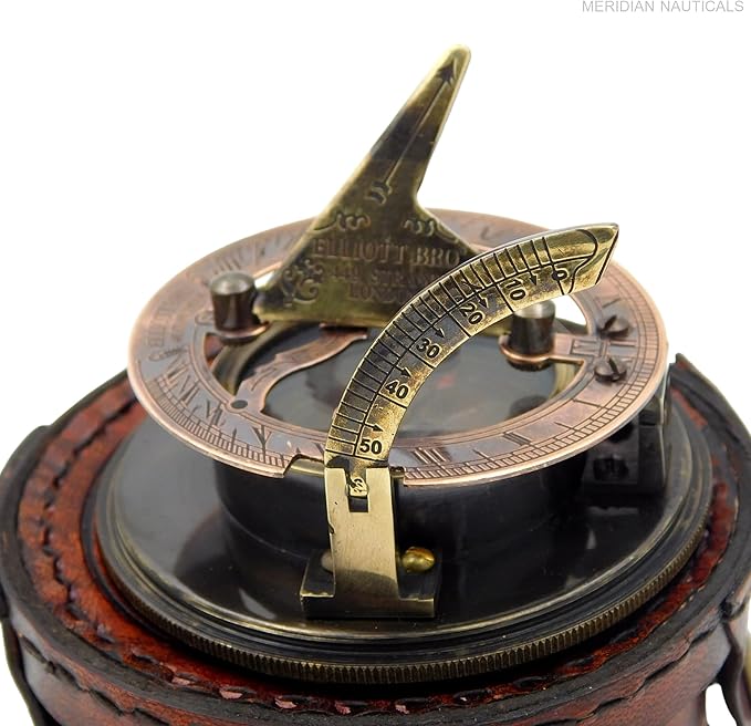 Brass Sundial Compass -Drum Sundial with Stamp Leather Box.Maritime Nautical Antiques Nautical Reproduction