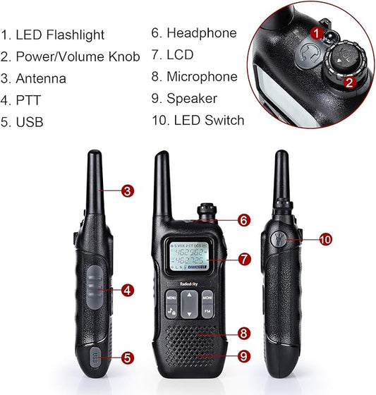 Radioddity FS-T1 FRS NOAA Two-Way Radio, Rechargeable Walkie Talkies, 22 CH, Earpiece, Flashlight, USB Charging, Perfect for Hiking Camping Security Team, 6 Pack