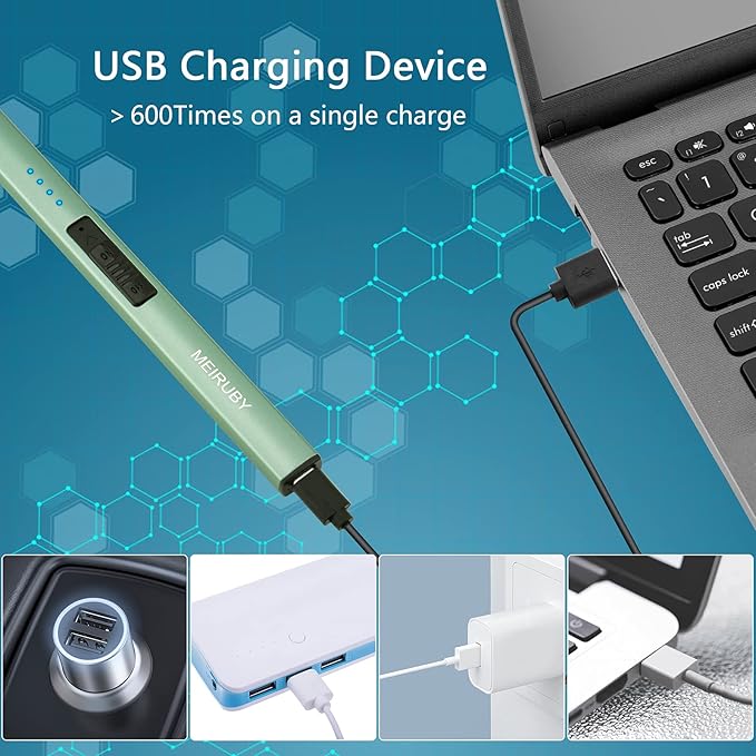 MEIRUBY Lighter Electric Candle Lighter Long Electronic Rechargeable USB Lighter Arc Windproof Flameless Lighters for Candle Camping BBQ Birthday Women's Day Gifts for Women Mom Wife Men, Green