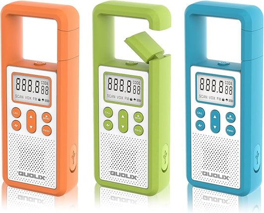 Rechargeable Walkie Talkie for Long Range 3 Pack,with FM/NOAA, Weather Alert, LED Flashlight,Hook Design,Volume Adjustment, Ldeal for Survival Biking Hiking Camping (Blue Green Orange)