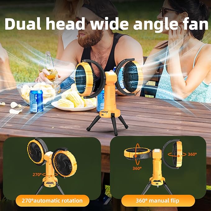 Outdoor Camping Fan with LED Light,8000mAh Rechargeable Battery Powered with Hook Tent Fans,270° Oscillating 360° Rotation Portable Tripod Beach Fan for Canopy,Travel,Fishing,Home,Yellow