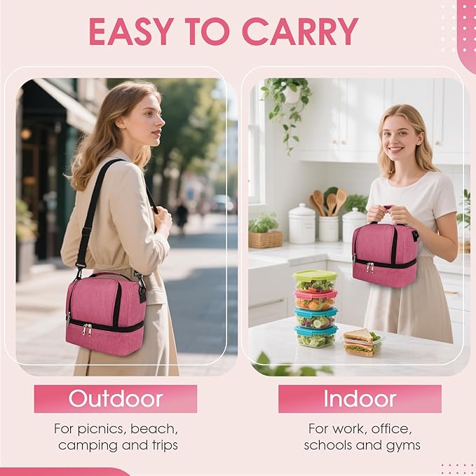 Lunch Box Lunch Bag for Women Men Reusable Insulated Lunch Bag Women Lunch Cooler Tote Bags with Adjustable Shoulder Strap for Office Work Picnic Travel, Rose Red