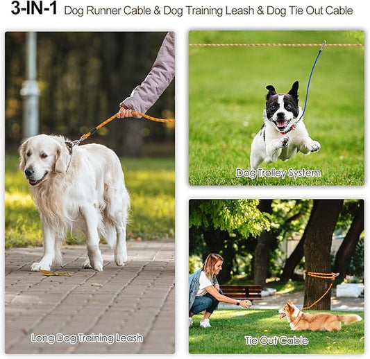 Snagle Paw Dog Runner for Yard 3 in 1, 75FT Dog Training Leash with Handle for Small Medium Large Dogs, Reflective Rope Dog Tie Out Cable with Carabiner for Yard,Park,Camping (Orange for 1 Dog)