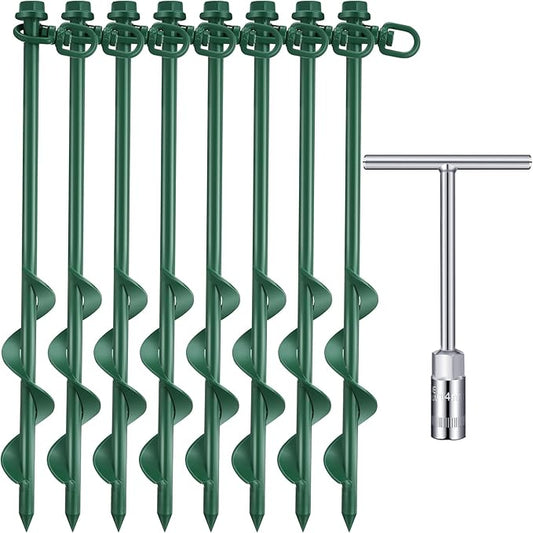 Zhengmy 8 Pcs Ground Anchors Screw in, 12 Inch Heavy Duty Tent Stakes with Trampoline Anchor Hook Ground Stakes for Camping Tent Canopies Ports Sheds Swing Sets Securing Animals (Green)