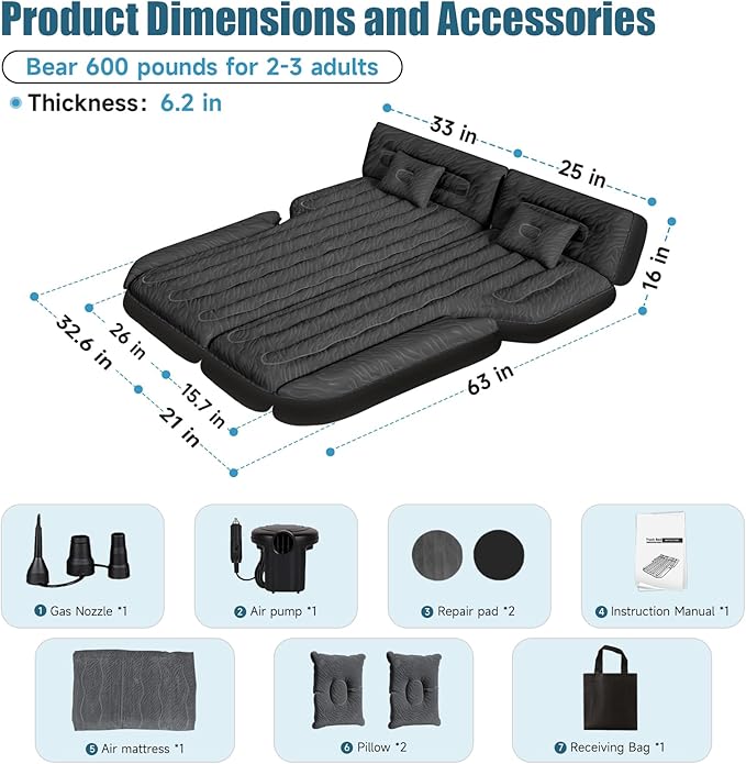 Inflatable SUV Air Mattress: Double-Sided Flocking Car Mattresses for Back SUV, Travel Camping SUV Sleeping Bed Mattress with Air Pump 2 Pillows