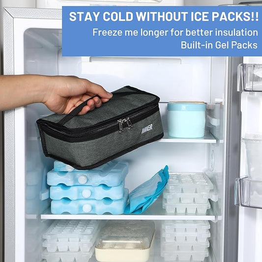MIER Freezable Lunch Bag Frozen Mini Cooler Small Portable Insulated Lunch Box Freezer Snack Bags for Kids Adult Travel Work School, Grey