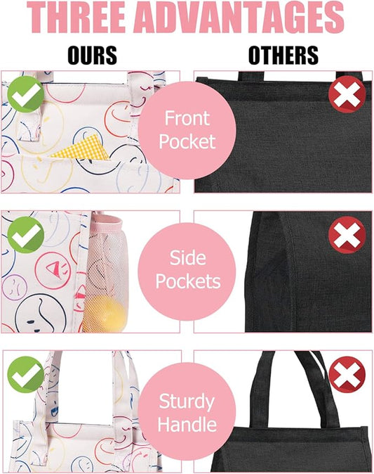 Fmeida Insulated Lunch Bag Women, 6.75L Small Lunch Tote Bags, Waterproof Thermal Cooler Lunch Bag, Reusable Lunch Box with Front Side Interior Pockets, Smile Face