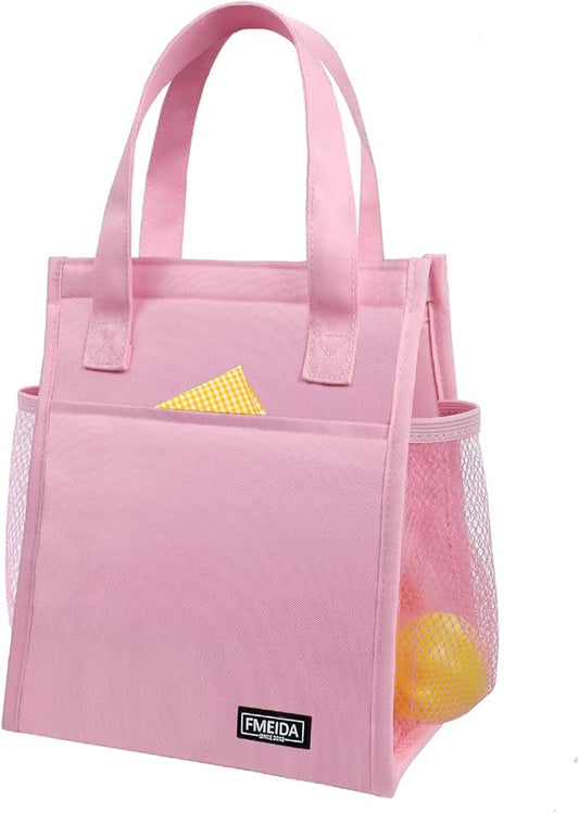Fmeida Insulated Lunch Bag for Women, Pink, Reusable Adult Lunch Box for College, Picnic, Beach | Front & Side Pockets