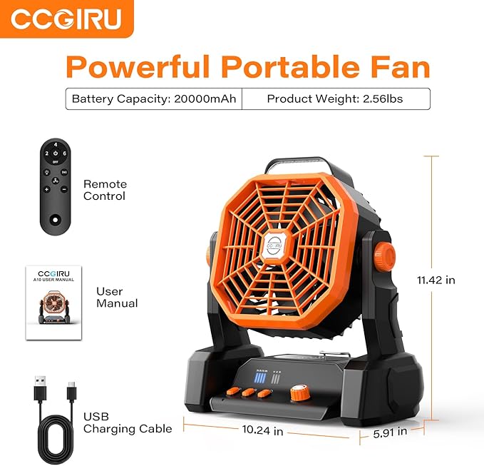 Portable Camping Fan Rechargeable with Inductive Charging Function, 20000mAh Battery Operated Fan with Lights, Outdoor Battery Powered Fan with Remote, 3 Timer for Picnic, Fishing, Travel, Home