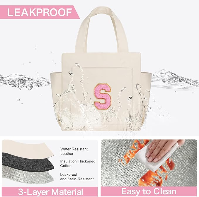 Joymee Leather Lunch Box Lunch Bag for Women Adult Insulated Reusable Leakproof Large Spacious Lunch Cooler Lunch Tote Bag with Bottle Holder and Side Pockets for Work Picnic Beach (Letter S)