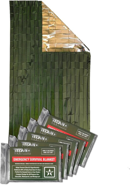 TITAN Survival Emergency Mylar Army Green Survival Blankets, Two-Sided, 5-Pack (Olive-DRAB)