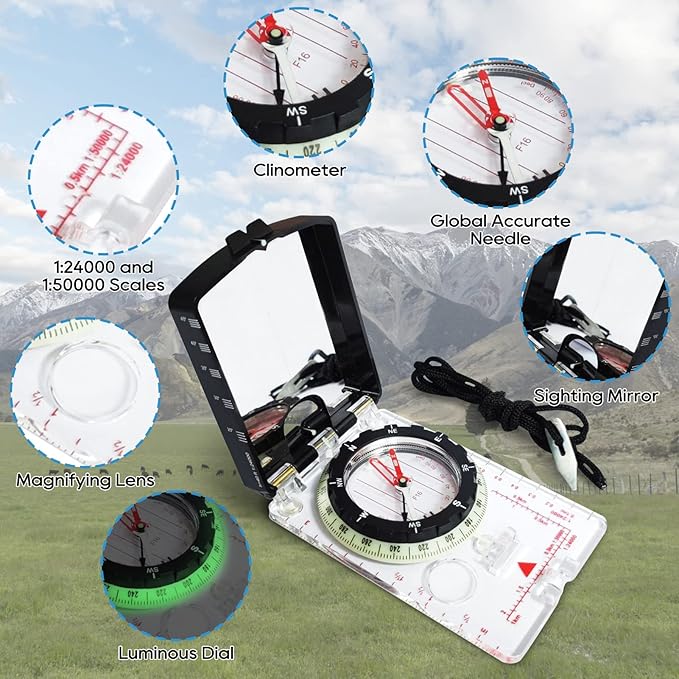 Posinly Advanced Orienteering Compass - Survival Whistle, Map Reading Field Compass for Camping, Hiking & Navigation, Great for Kids