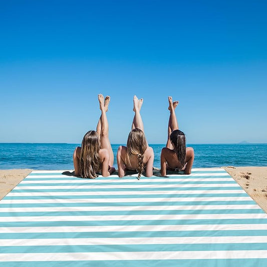 Beach Blanket Waterproof Sandproof, Large 78''×86'' Beach Picnic Blanket for 4 Adults with Stakes and Pocket, Sand Free Compact Pocket Beach Mat Essentials Accessories Must Haves-Blue Stripe