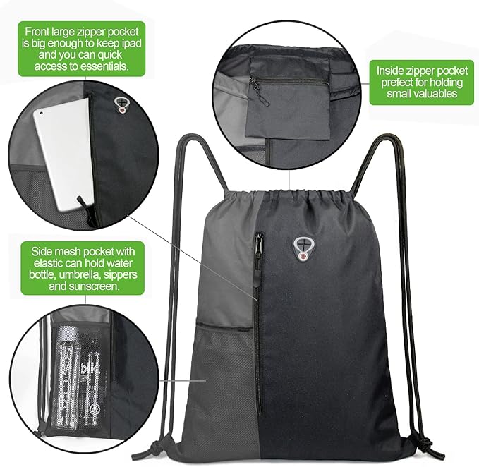 Drawstring Backpack Sports Gym Bag for Women Men Large Size With Two Zipper Pockets and Water Bottle Mesh Pockets