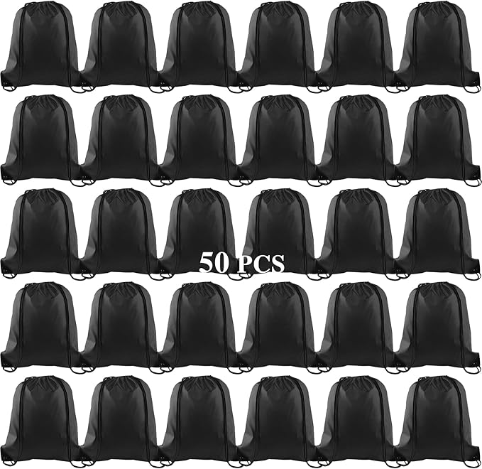 KUUQA 50Pcs Black Drawstring Backpack Bag Sack Drawstring Bags Bulk String Bags Storage Bags for Sport Gym Traveling